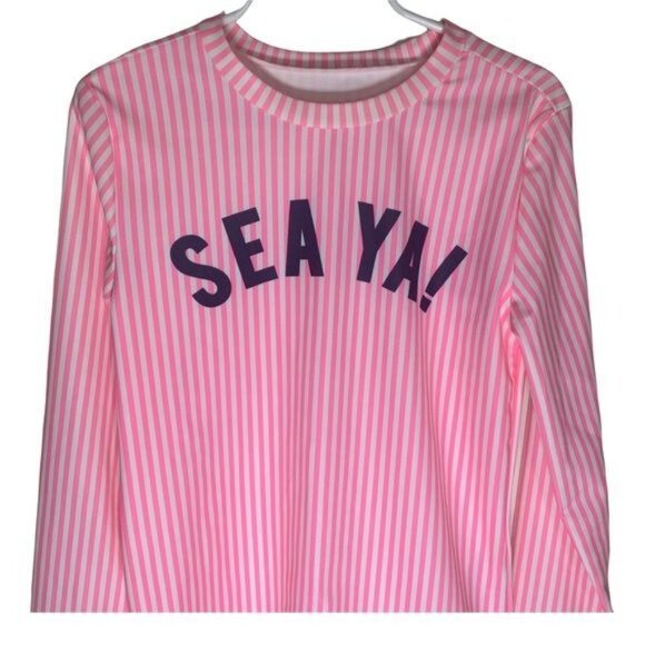 Gap Kids “SEA YA!” Rash Guard Girls Size M Pink Stripe Long Sleeve Swim - Picture 2 of 10